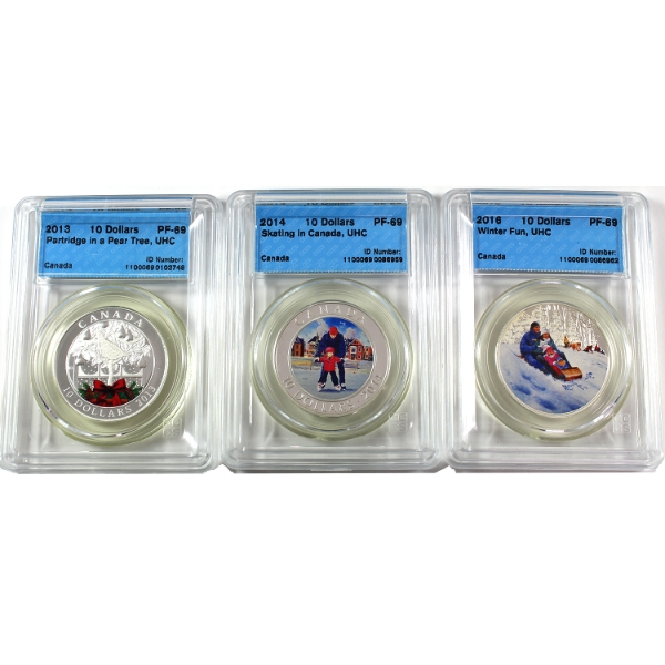 Group Lot of 2013-2016 $10 Winter Themed 1/2oz .9999 Fine Silver Coins CCCS PF69. 3pcs. (Tax Exempt)