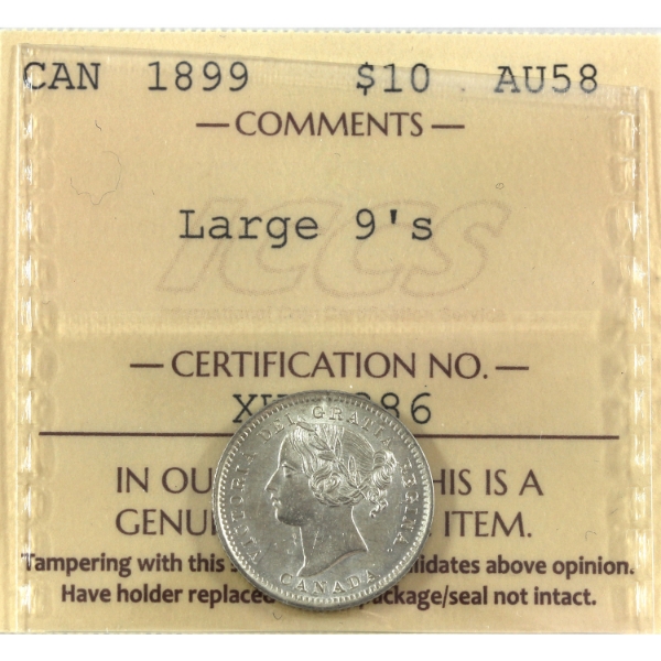 10-cent 1899 Large 9's ICCS AU58
