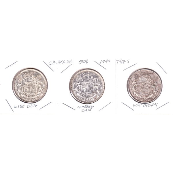 50-cent 1949 with Wide Date, Narrow Date & Hoof 9 Varieties. 3pcs