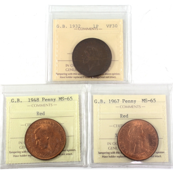 Great Britain Penny 1932 VF30, 1948 MS65 Red & 1967 MS65 Red ICCS. 3pcs