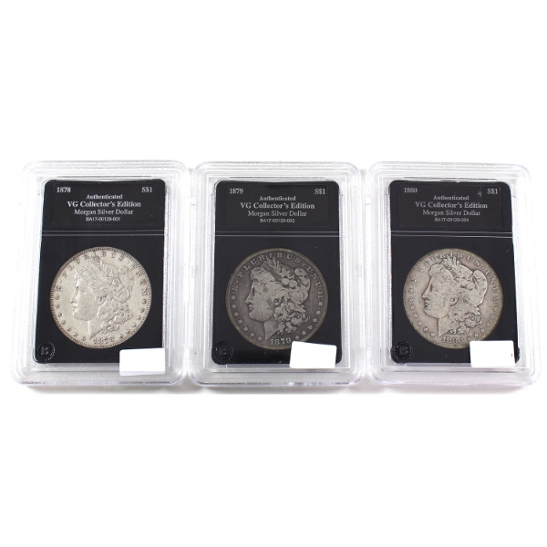 USA Silver 1878, 1979 & 1880 Morgan Dollar Bradford Authenticated. 3pcs.