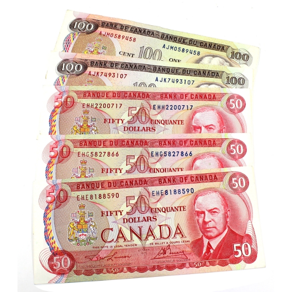 1975 $50 & $100 Crow-Bouey & Lawson-Bouey. 5pcs.