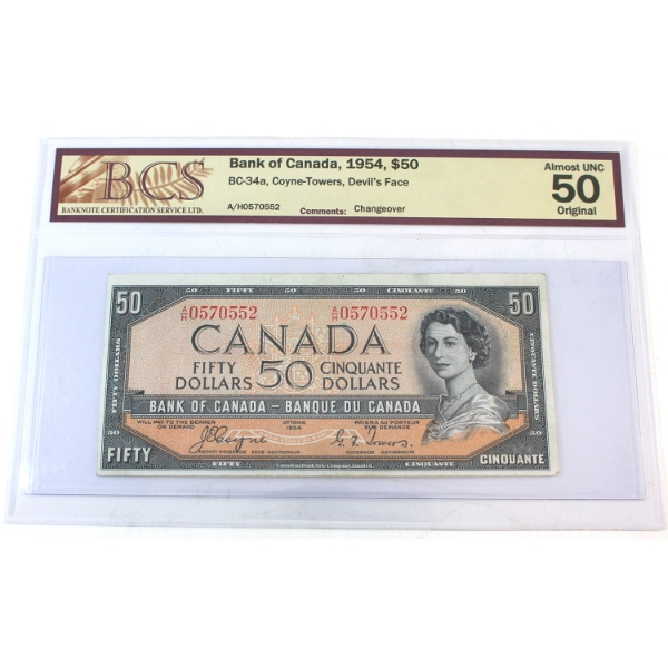BC-34a 1954 $50 Devil's Face Changeover BCS AU50 Original Coyne-Towers SN: A/H0570552