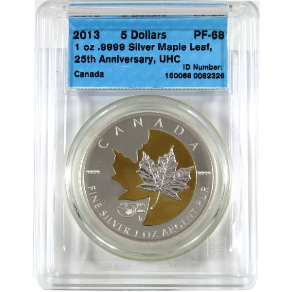 2013 $5 25th Anniversary of the SML .9999 Fine Silver Coin w/ Selective Gold Plating CCCS PF68 UHC
