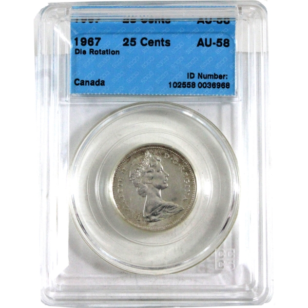ERROR 25-cent 1967 Die Rotation CCCS AU58 