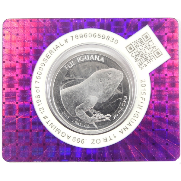Fiji Silver 2015 $1 Iguana .999 Fine Silver Coin in Assay Card (Tax Exempt)