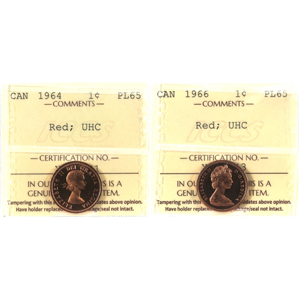 1-cent 1964 & 1966 ICCS PL65 Red; UHC. 2pcs.