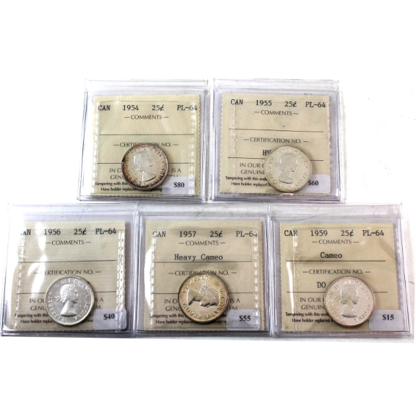 25-cent 1954, 1955, 1956, 1957 Heavy Cameo & 1959 Cameo ICCS PL64. 5pcs.