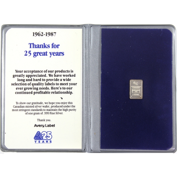 1g Avery Label 1987 25th Anniversary .999 Fine Silver Bar in Holder (Tax Exempt)