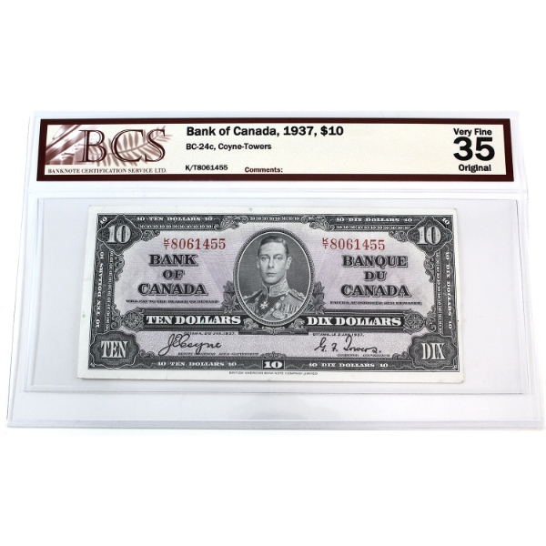 BC-24c 1937 $10 BCS VF35 Original Coyne-Towers SN:K/T8061455