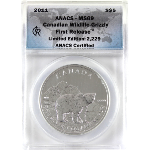 2011 $5 Canadian Wildlife - Grizzly First Release ANACS MS69 .9999 Fine Silver Coin (Tax Exempt)