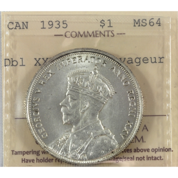 Silver $1 1935 Dbl XXV; Dbl Voyageur ICCS MS64