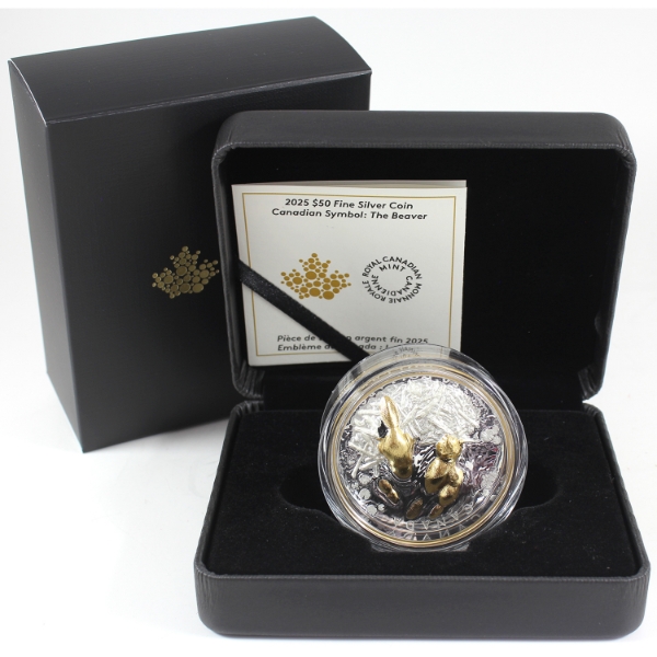 ERROR 2025 $50 Canadian Symbol: The Beaver Fine Silver w/ Yellow Gold Plating. Mint Production Error