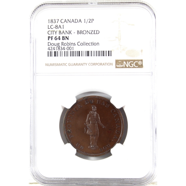 BR-521, CH-LC-8A1 1837 Province Du Bas Canada Un Sous Bronzed Half Penny Token NGC PF64 Brown