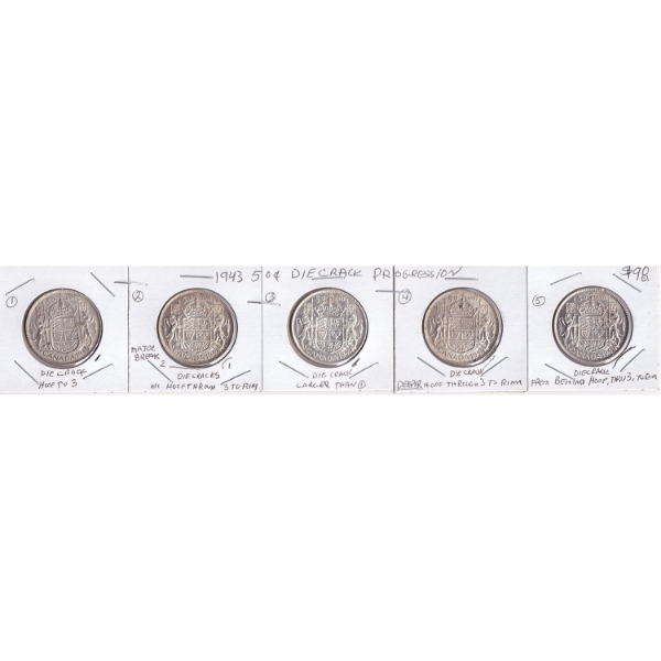 ERRORS 50-cent 1943 with Various Interesting Die Crack Varieties. 5pcs