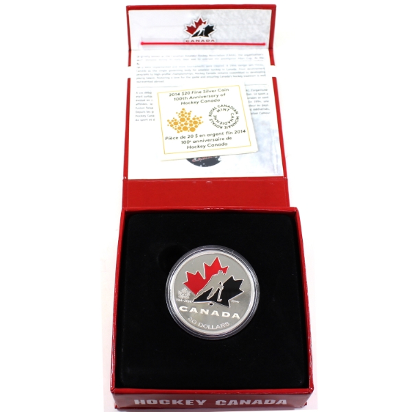 2014 $20 100th Anniversary of Hockey Canada Fine Silver Coin w/ Selective Colour (Tax Exempt)