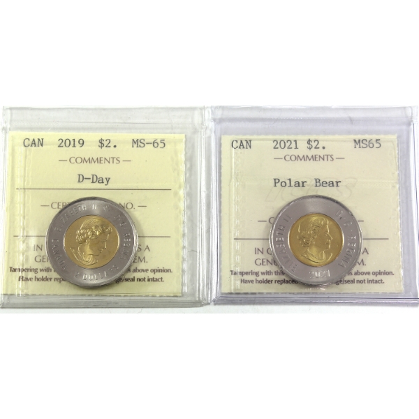 $2 2019 D-Day & 2021 Polar Bear ICCS MS65. 2pcs
