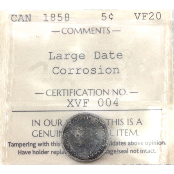 5-cent 1858 Large Date ICCS VF20 (corrosion)