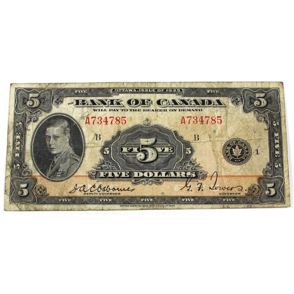 BC-5 1935 $5 English Fine Osborne-Towers SN: A734785 Check Letter B