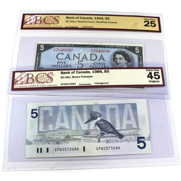 Group Lot of 1954 & 1986 $5 BCS VF25 to EF45 Original. 2pcs.