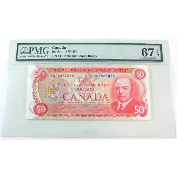 BC-51b 1975 $50 PMG GEM UNC67 EPQ Crow-Bouey SN: EHG8863466