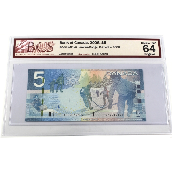 RADAR BC-67a-N1-iii 2006 $5 3-digit RADAR BCS CUNC64 Original Jenkins-Dodge SN: AOR9059509