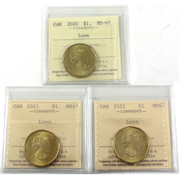 3x Loon $1 2020, 2021, & 2022 ICCS MS67. 3pcs.