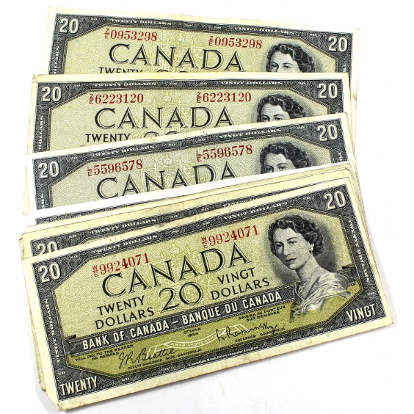 Bulk Lot of 1954 $20 Banknotes in Average Condition. 14pcs