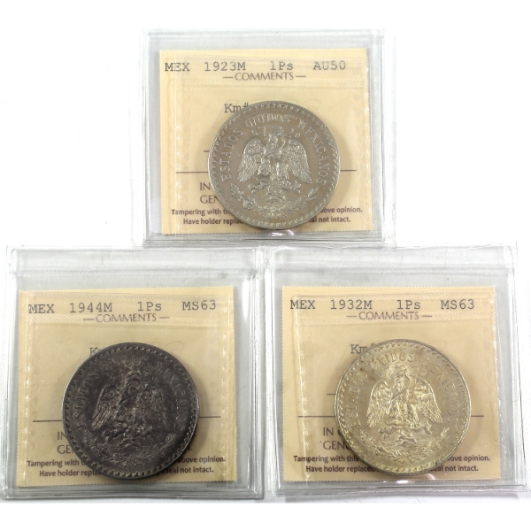 Mexico Silver 1923-1944 1 Peso ICCS AU50 to MS63. 3pcs