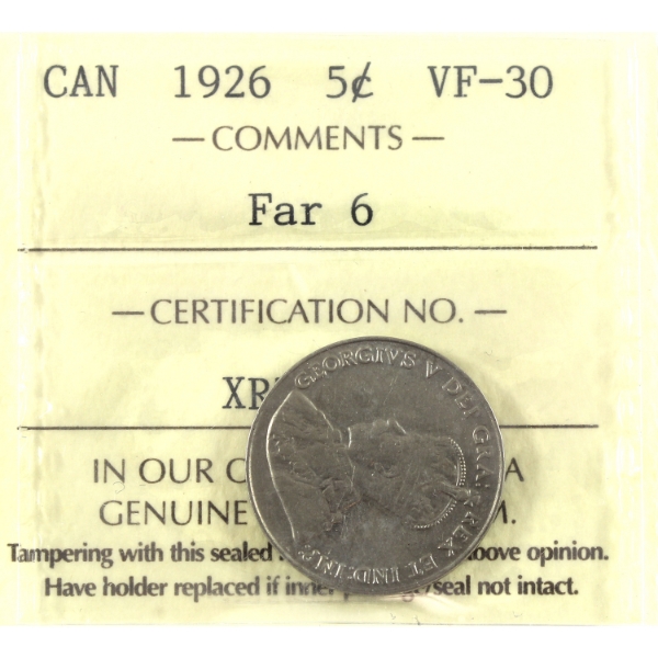5-cent 1926 Far 6 ICCS VF30