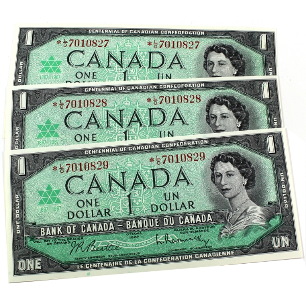 BC-45bA 1967 $1 *L/O Replacement Consecutive Beattie-Rasminsky SN: *L/O7010827-"29. 3pcs.