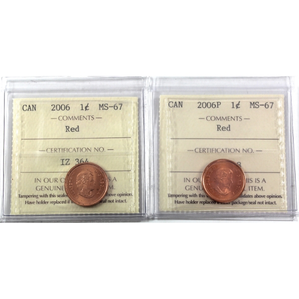 1-cent 2006P Magnetic & 2006 Non Magnetic ICCS MS67 Red. 2pcs.