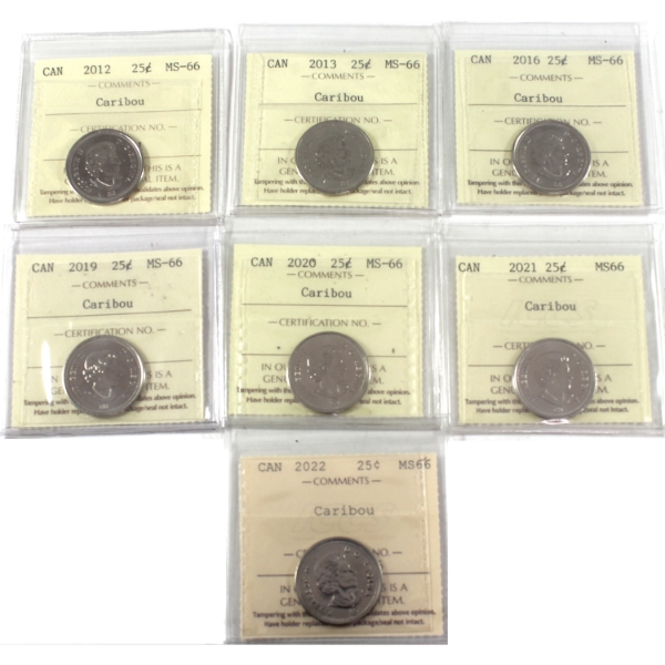 25-cent 2012, 2013, 2016, 2019, 2020, 2021, & 2022 Caribou ICCS MS66. 7pcs.