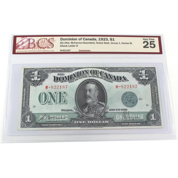 DC-25d 1923 $1 Green Seal Group 1 Series M BCS VF25 McCavour-Saunders SN:M-822187 Check Letter D