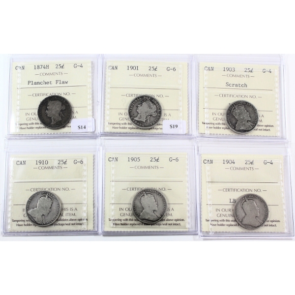 25-cent 1874-1910 ICCS G4 to G6. 6pcs. 