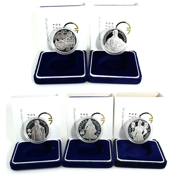 Austria 1992-1995 Silver 100 Shillings Millennium Series 996-1996 .900 Fine Silver. 5pcs.