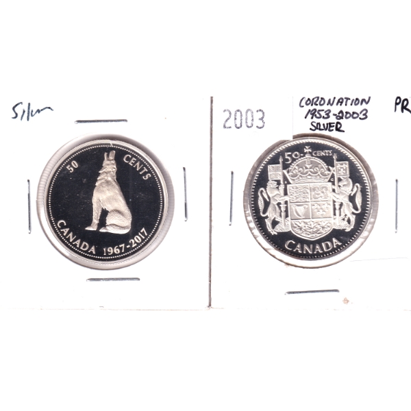 2x 50-cent 1953-2003 Coronation Silver PR, & 1967-2017 Silver. 2pcs.