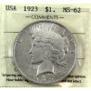 Image 1 : USA Silver 1923 Peace Dollar ICCS MS62