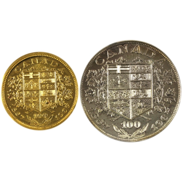 1967 Canadian Centennial Victoria Dei Gratia .999 Fine Silver & Gold Medallion Set. 2pcs.