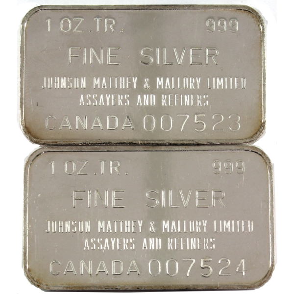 2x 1oz Johnson Matthey & Mallory c.1970s .999 Fine Silver Bars. 2pcs *Consecutive SNs!* (Tax Exempt)