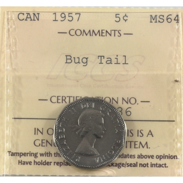 5-cent 1957 Bug Tail ICCS MS64
