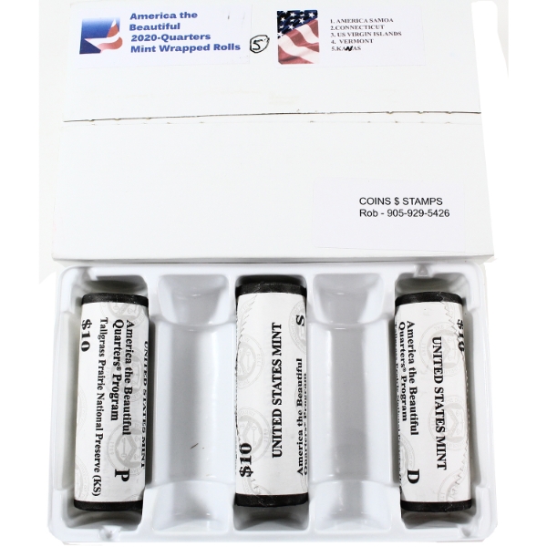 USA 2020 Quarter Rolls TallGrass Prairie Preserve P, D, & S Mint Mark Rolls of 40pcs/ea. 3 Rolls