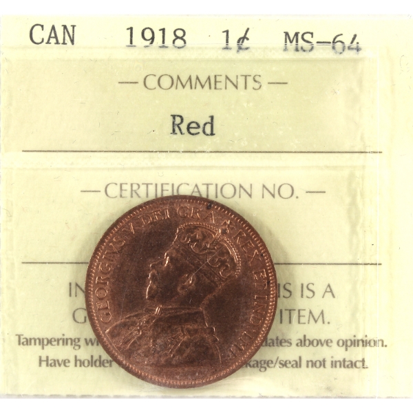 1-cent 1918 ICCS MS64 Red
