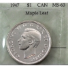 Image 1 : Silver $1 1947 Maple Leaf ICCS MS63