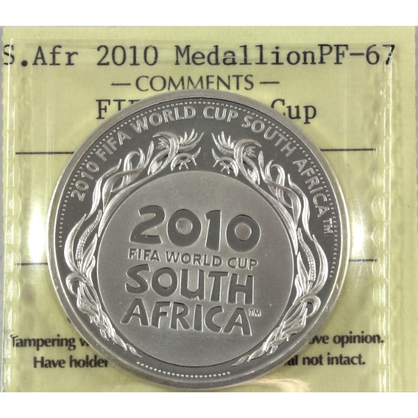South Africa Silver 2010 FIFA World Cup 1oz .999 Fine Silver Medallion ICCS PF67 (Tax Exempt)