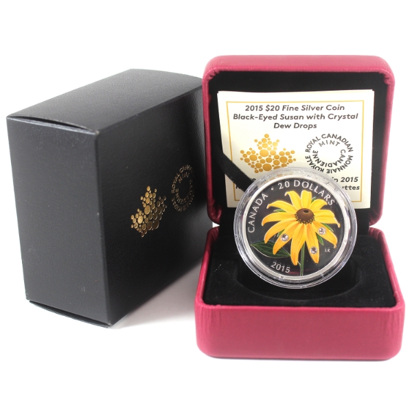2015 $20 Black-Eyed Susan with Crystal Dew Drops 1oz .9999 Fine Silver (Tax Exempt)