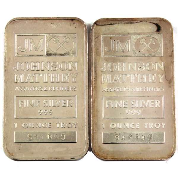 2x 1oz Johnson Matthey Vintage Sooters .999 Silver Bars. *Scarce!* 2pcs. (Tax Exempt)