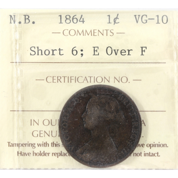 New Brunswick 1-cent 1864 Short 6; E Over F ICCS VG10