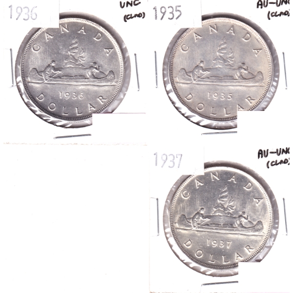 Silver $1 1935 AU-UNC, 1936 UNC & 1937 AU-UNC. (cleaned) 3pcs