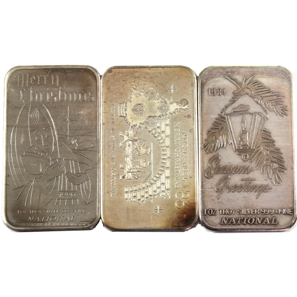 3x 1oz National Refiners 1984-1990 Christmas .999+ Silver Art Bars. 3pcs. (Tax Exempt)